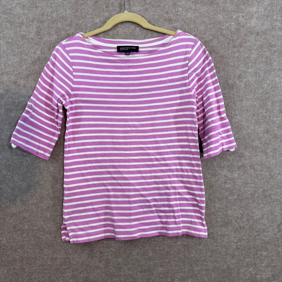 Jones New York Signature Tops - Jones New York Striped Boat Neck Top Womens Small Pink White 3/4 Sleeve Preppy